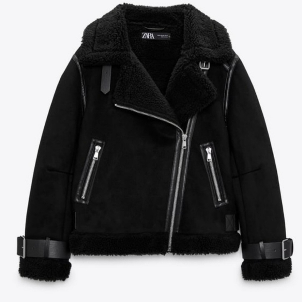 Zara Black Faux Suede Sherpa Lined Oversized Buckle Aviator Bomber Jacket Coat - Picture 2 of 14